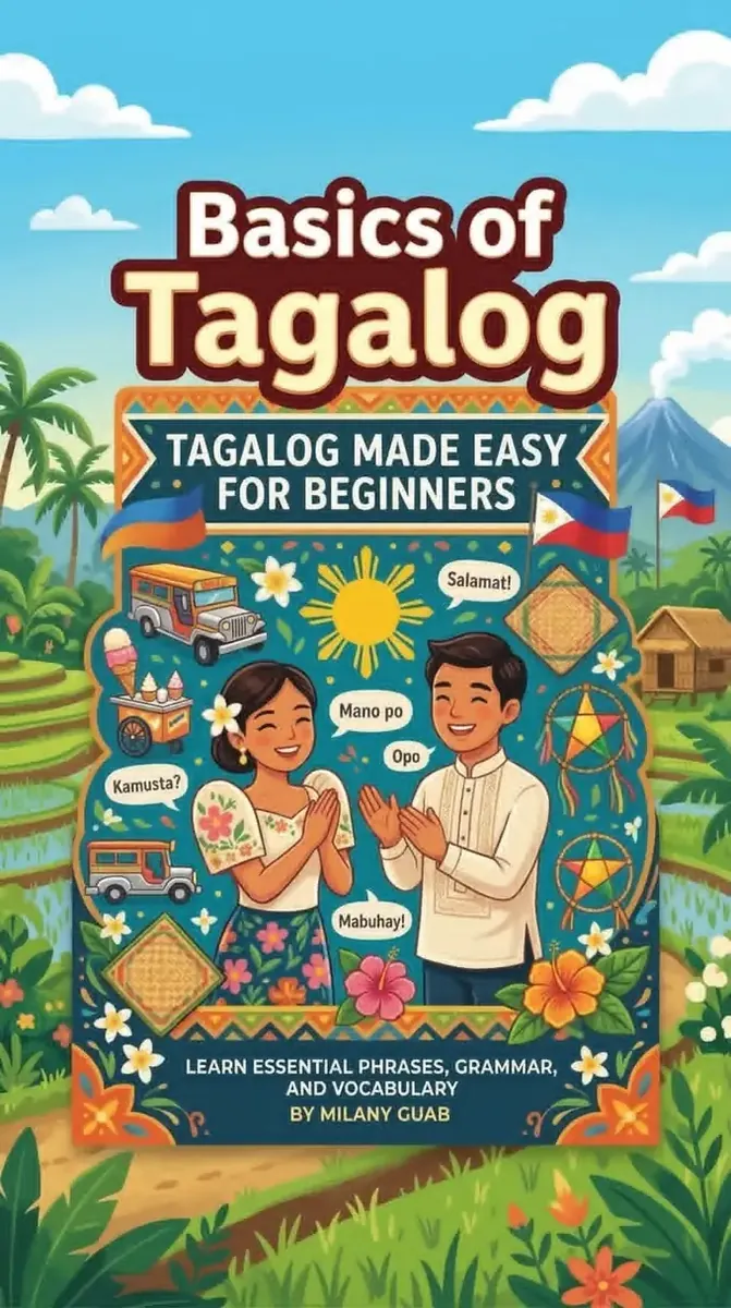 Basics of Tagalog cover - colorful illustration with jeepney, Filipino family saying Kamusta, Mano po, Salamat